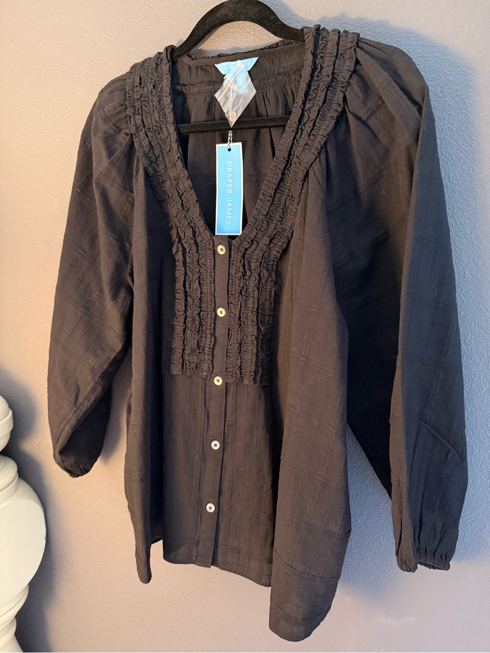 Draper James Black Ruffle-Trim Button-Front Blouse